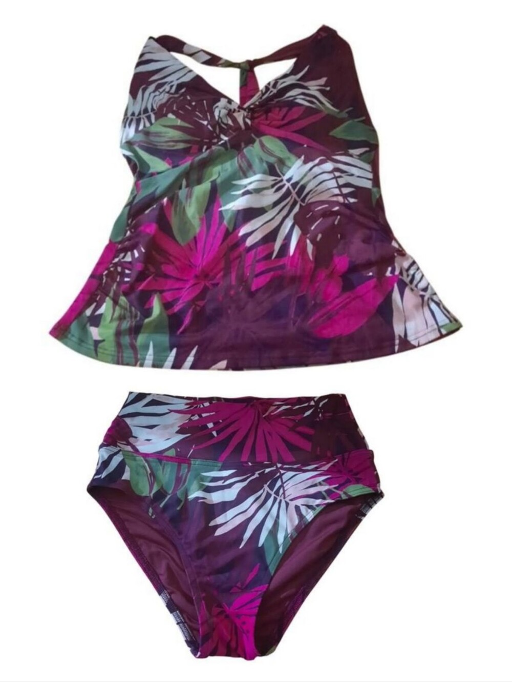 Lands End Womens Tulip Hem Tropical PalmTankini Top With Matching Bottoms